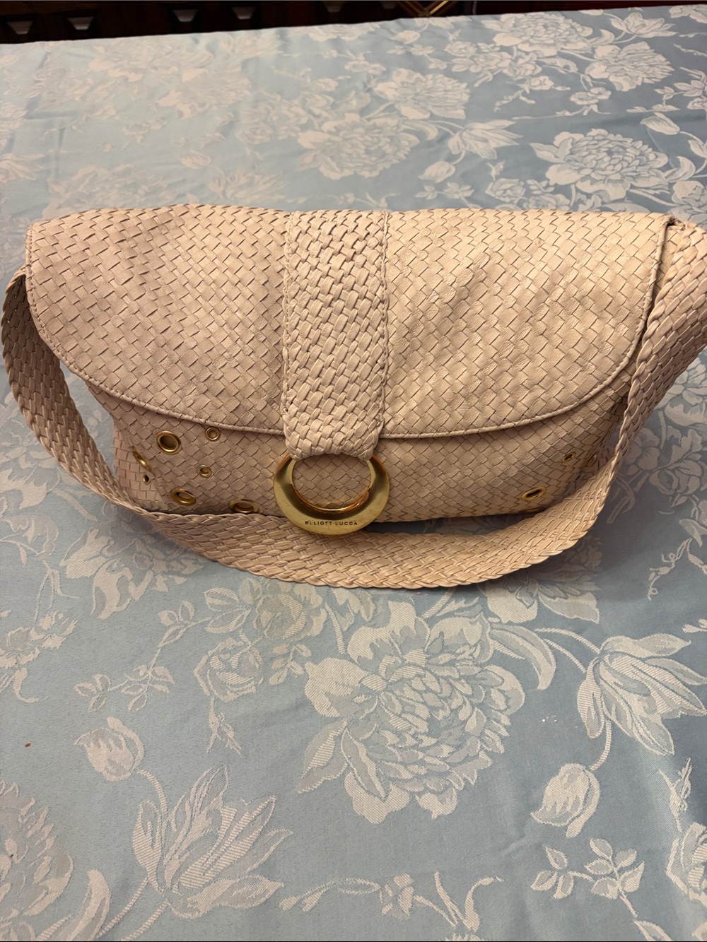 Elliott Lucca Light Beige Woven Shoulder Bag with Gold Ring